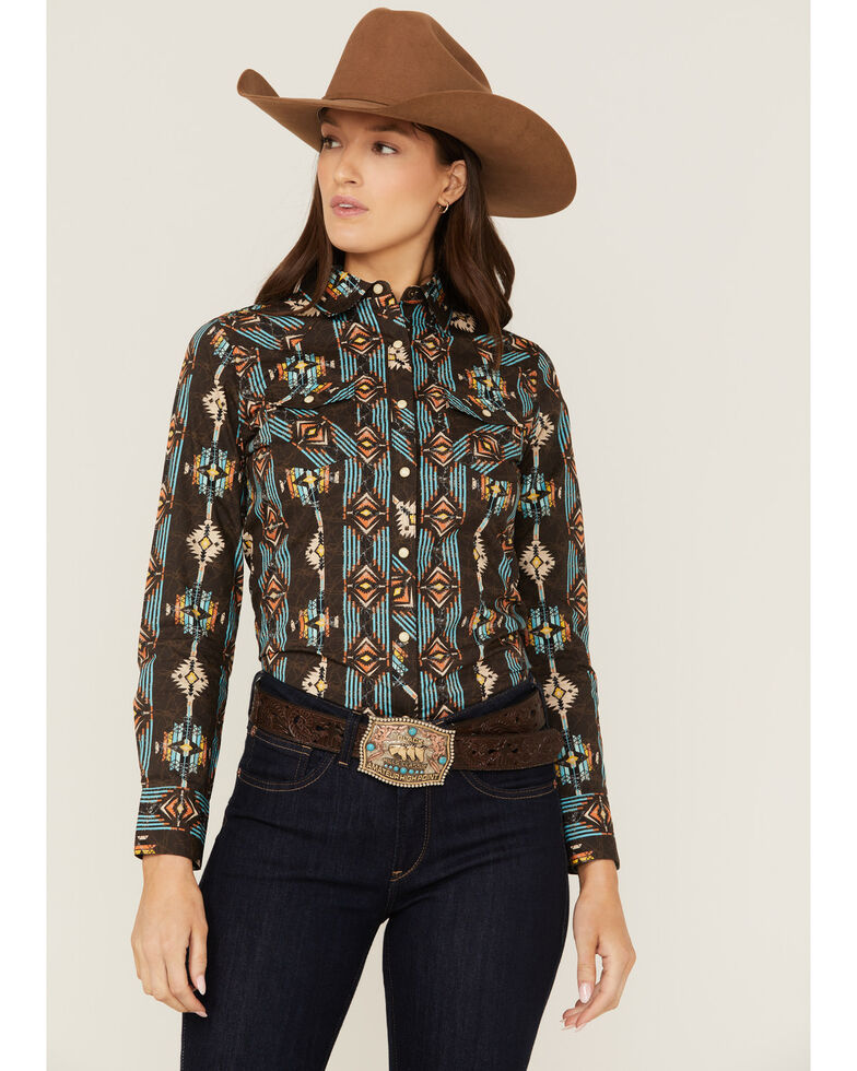 Panhandle Women's Southwestern Print Long Sleeve Snap Western Shirt, Brown, hi-res