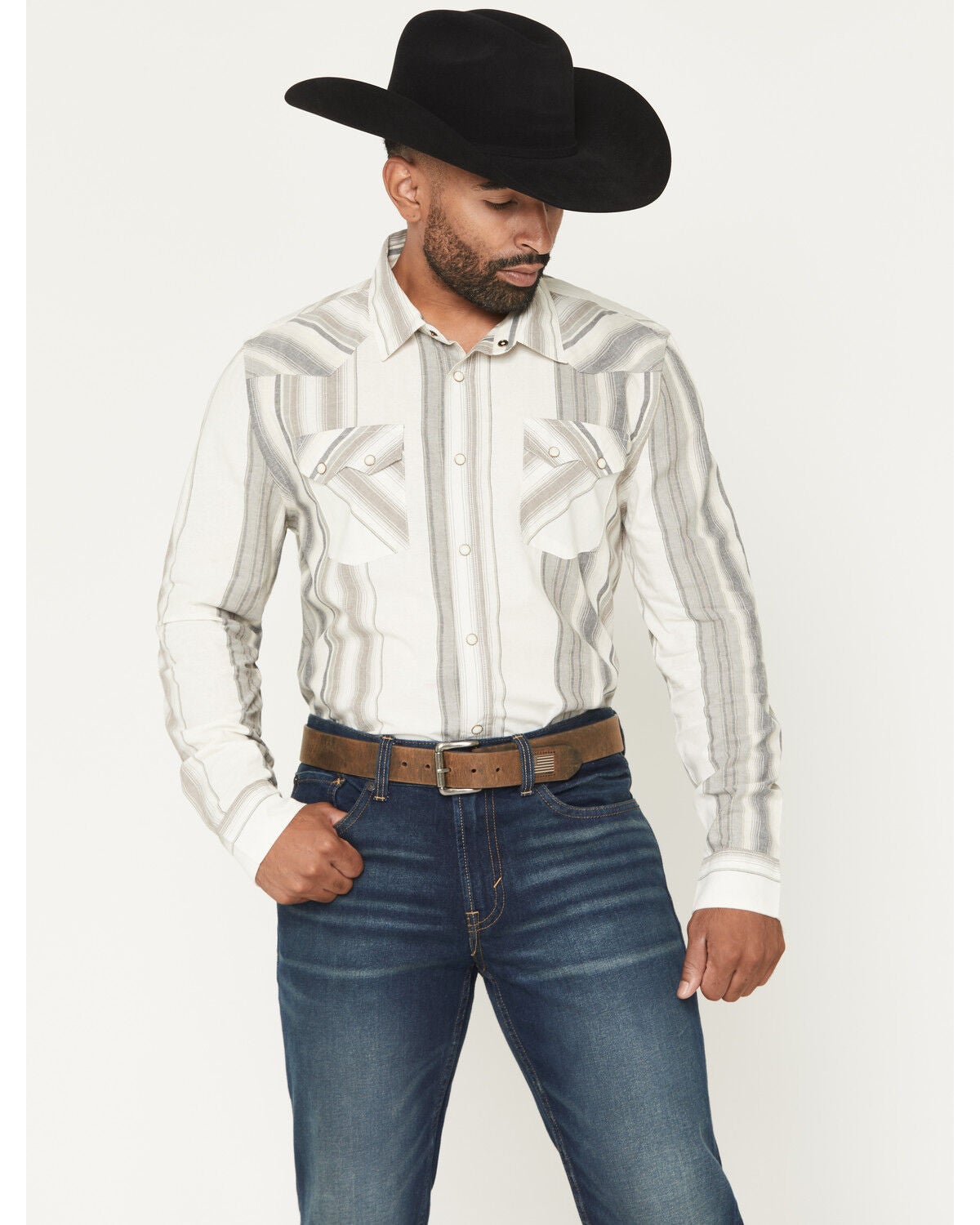 Panhandle Men's Vintage Stripe Print Long Sleeve Snap Western Shirt, Natural, hi-res