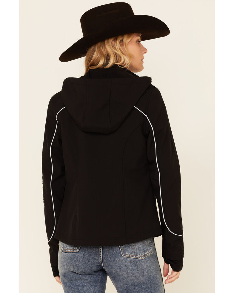 Shyanne Women S Black Piped Sleeve Logo Zip Front Hooded Softshell Jacket Boot Barn