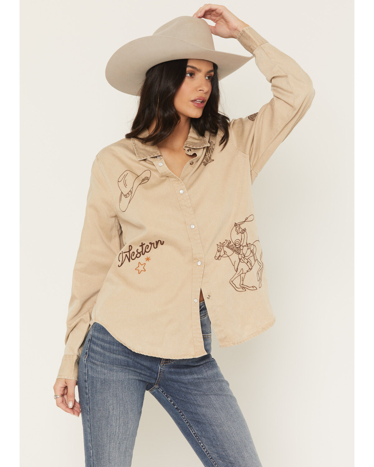 Blue B Women's Western Embroidered Long Sleeve Pearl Snap Western Shirt, Taupe, hi-res