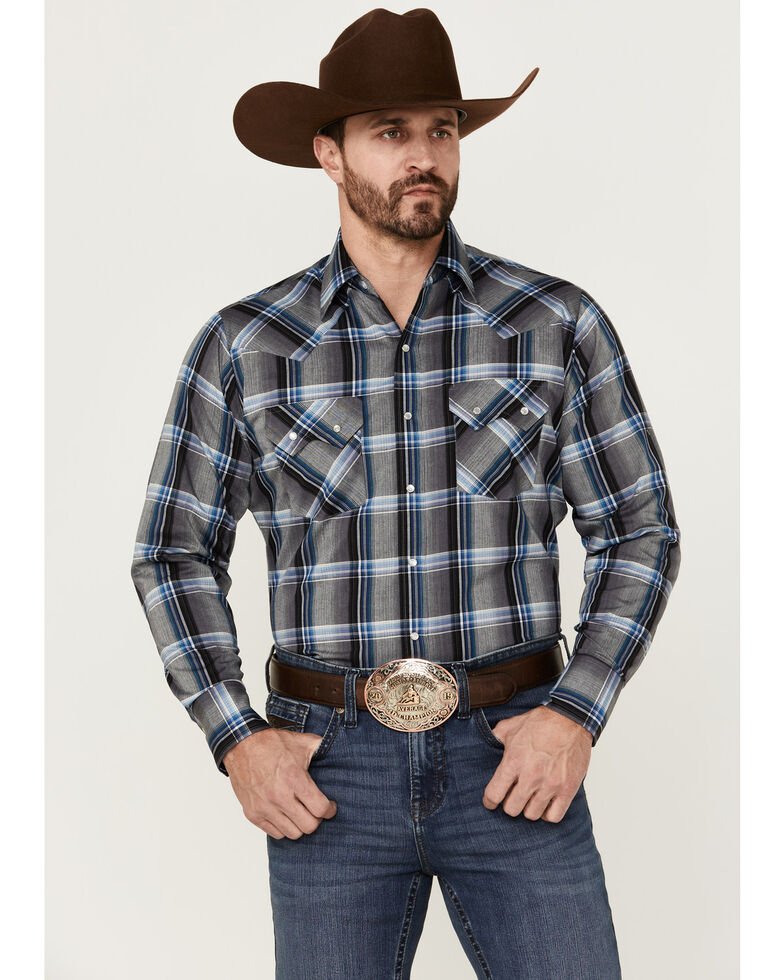 Ely Walker Men's Large Plaid Sawtooth Pocket Western Shirt , Black, hi-res