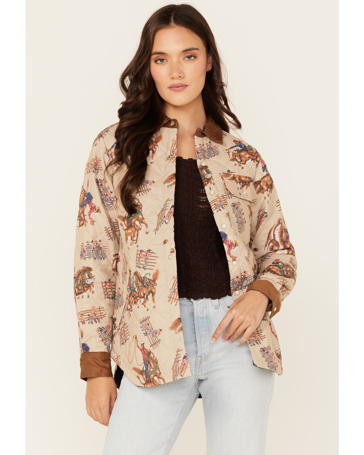 Tasha Pollizzi Women's Rodeo Conversation Print Snap Quilted Jacket, Tan, hi-res