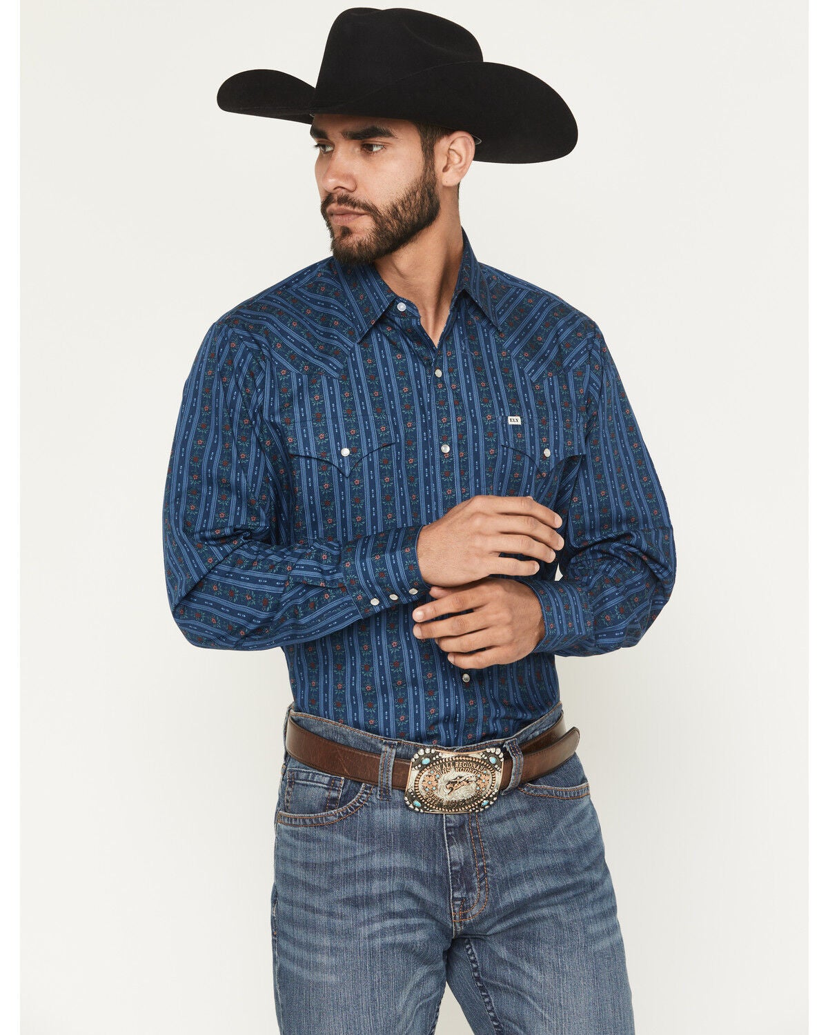 Ely Walker Men's Wallpaper Floral Stripe Print Long Sleeve Snap Western Shirt, Navy, hi-res