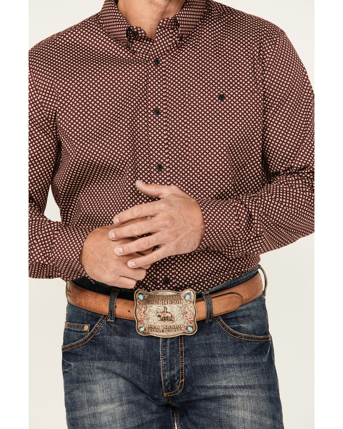Image #3 - RANK 45® Men's Thorn Geo Print Long Sleeve Button-Down Stretch Western Shirt, Burgundy, hi-res