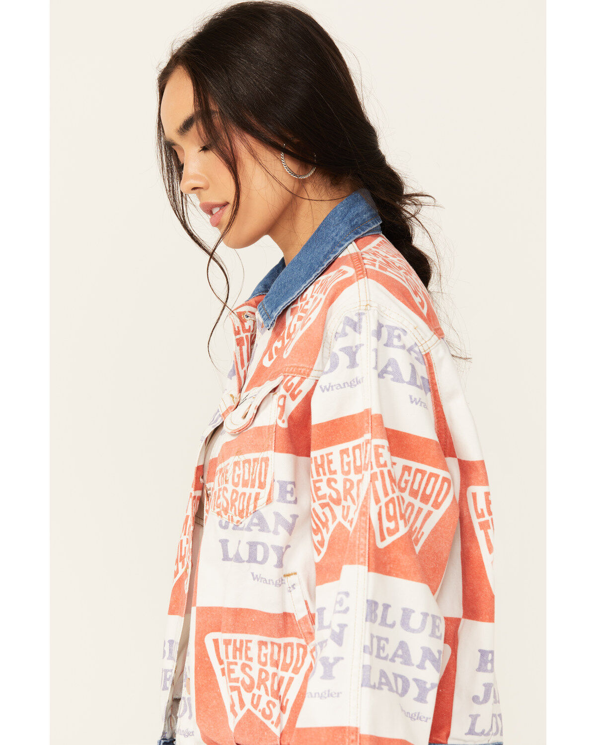 Image #2 - Wrangler Women's Blue Jean Lady Printed Denim Jacket, Red/white/blue, hi-res