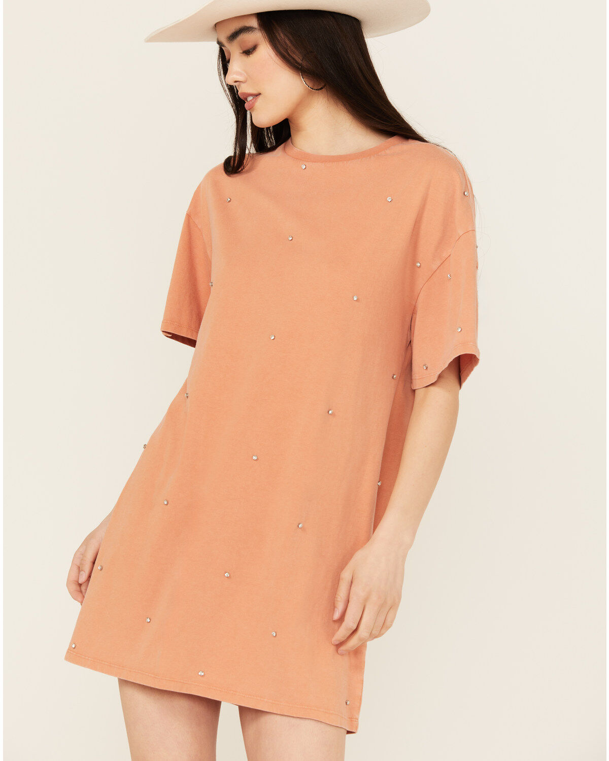 Image #1 - Rock & Roll Denim Women's Rhinestone Short Sleeve T-Shirt Mini Dress, Orange, hi-res