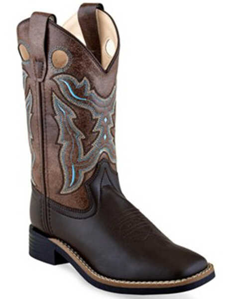 Old West Boys' Embroidered Western Boots - Broad Square Toe, Brown, hi-res
