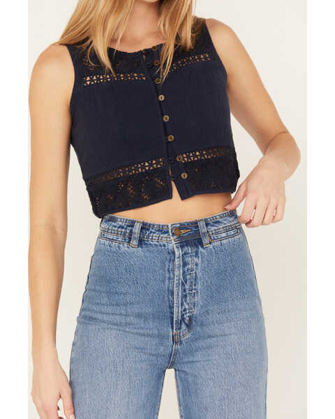 Image #3 - Cleo + Wolf Women's Cropped Crochet Tank, Navy, hi-res
