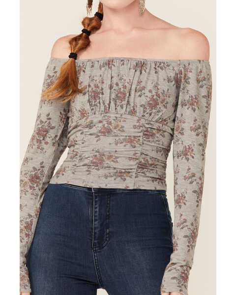 Jolt Women's Heather Grey Floral Print Cinch Long Sleeve Off-Shoulder Peasant Top , Grey, hi-res