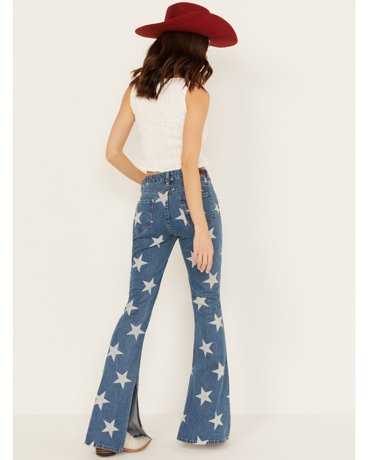 Product Name:  Rock & Roll Denim Women's Light Wash High Rise Star Print Americana Slit Flare Jeans