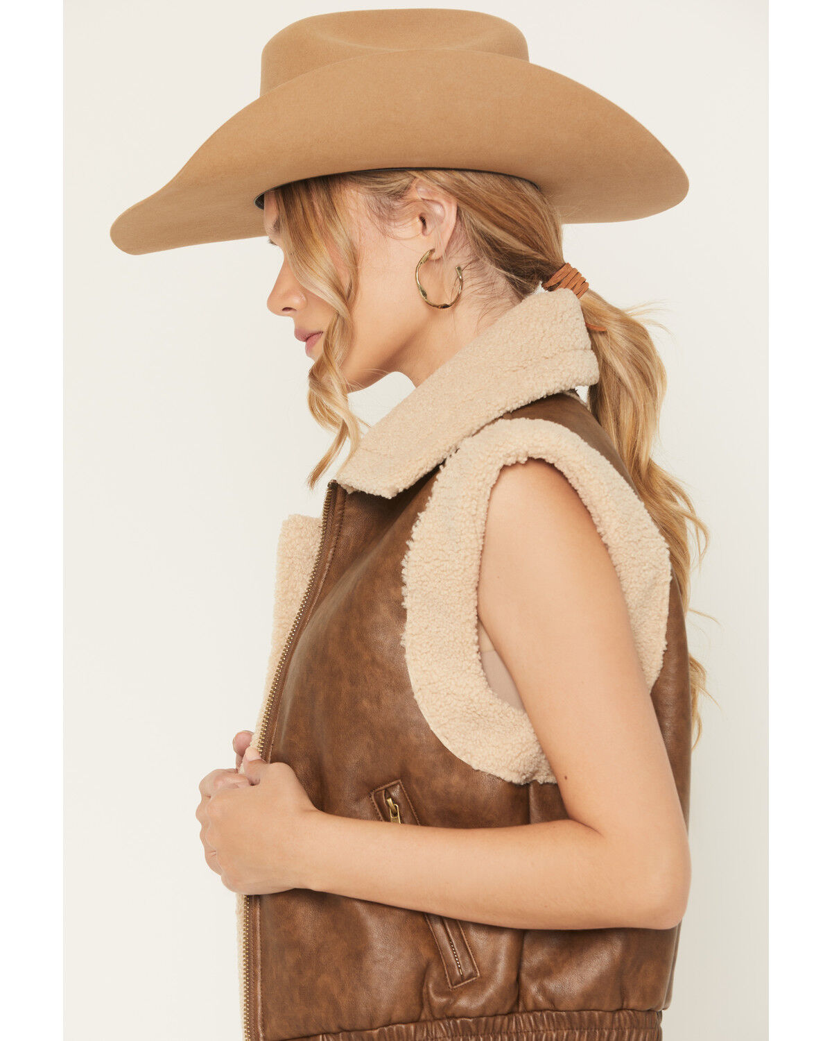 Image #2 - Ashley Women's Faux Leather Shearling Aviator Vest, Brown, hi-res