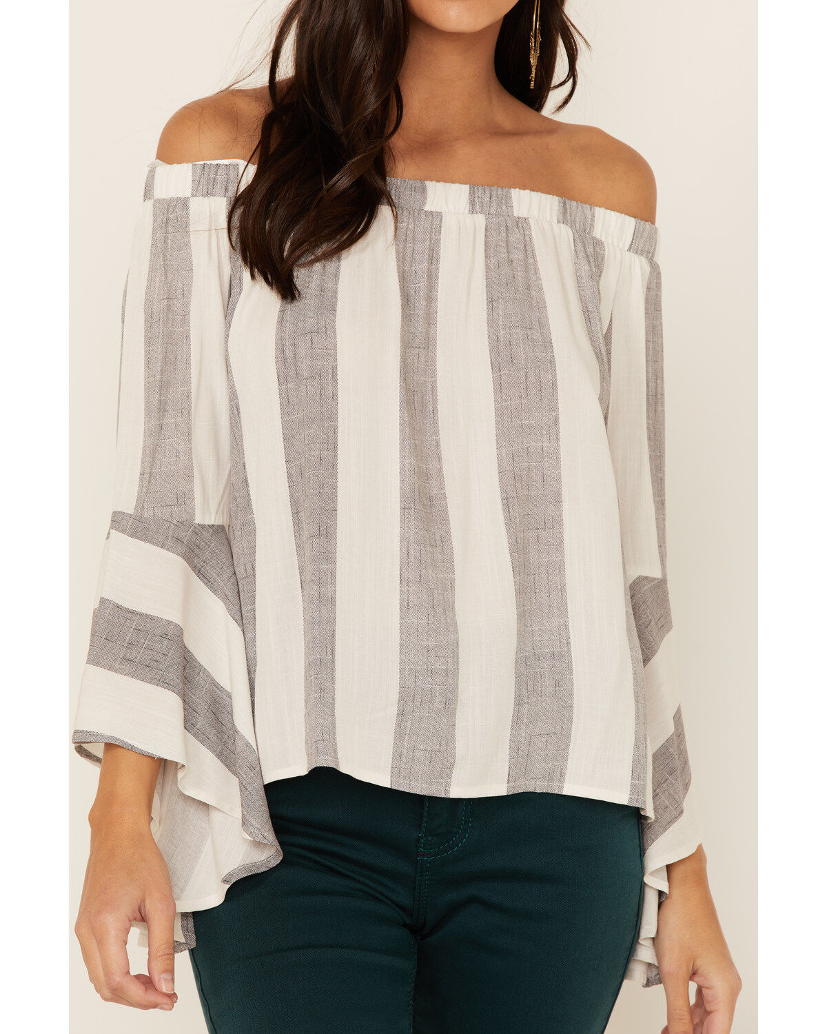Image #3 - Shyanne Women's Gray Stripe Off The Shoulder Bell Sleeve Top, , hi-res