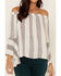 Image #3 - Shyanne Women's Gray Stripe Off The Shoulder Bell Sleeve Top, , hi-res