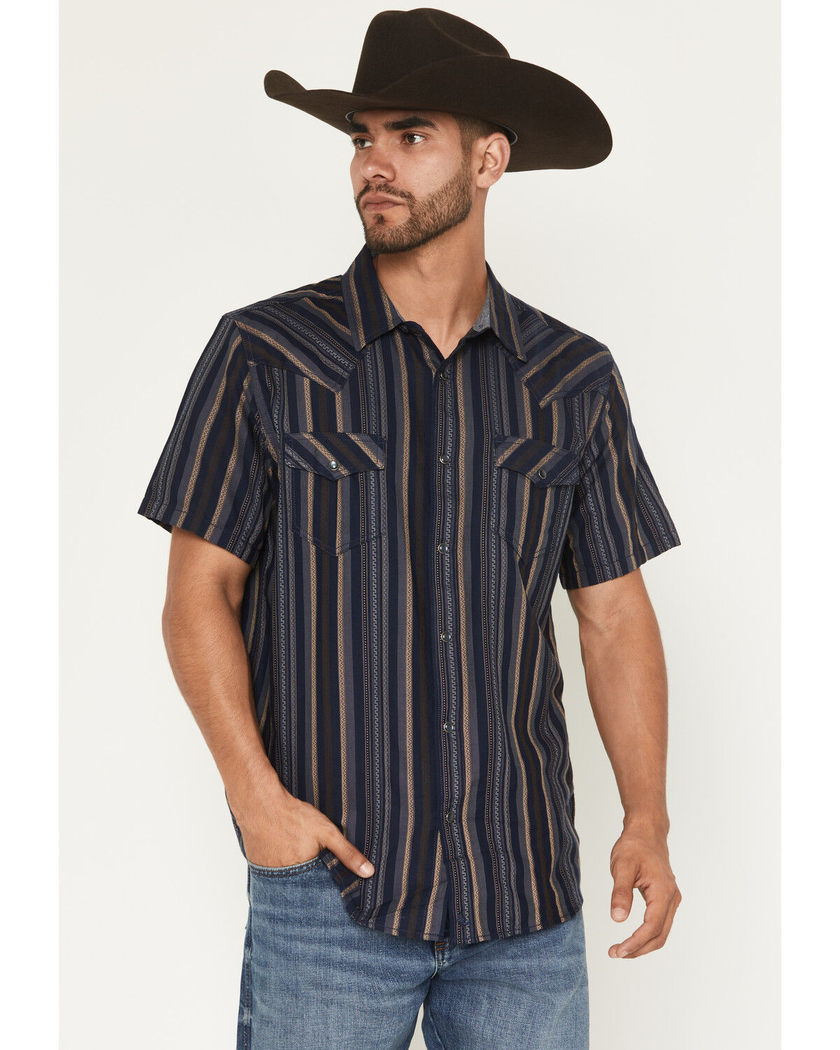 Image #1 - Cody James Men's Highland Rim Striped Print Short Sleeve Snap Western Shirt, Navy, hi-res