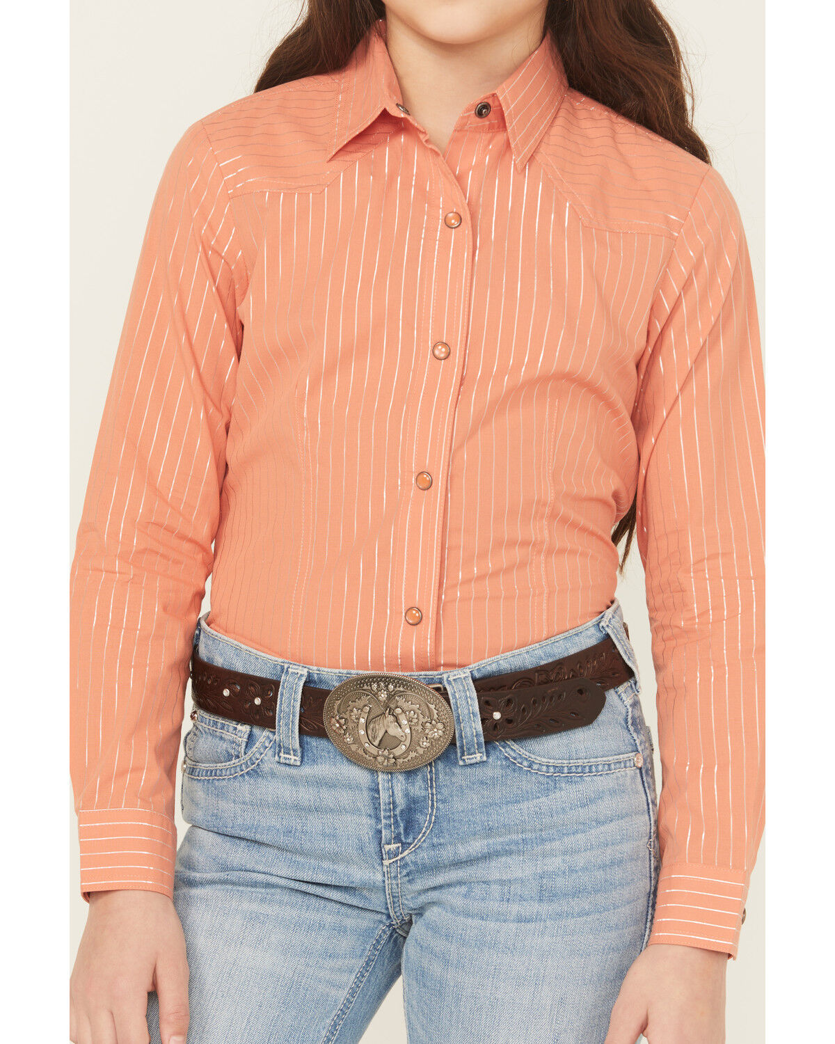 Image #3 - Cruel Girl Girls' Striped Long Sleeve Pearl Snap Western Shirt, Coral, hi-res