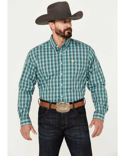 Cinch Men's Small Plaid Print Long Sleeve Button-Down Western Shirt , Green, hi-res