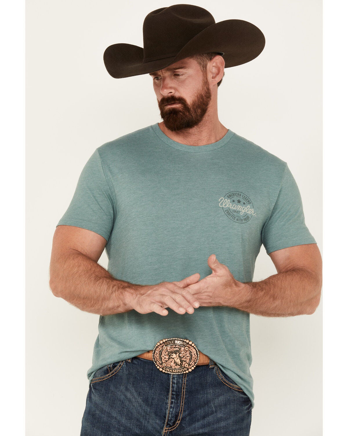 Image #1 - Wrangler Men's Boot Barn Exclusive Stamped Logo Short Sleeve Graphic T-Shirt, , hi-res