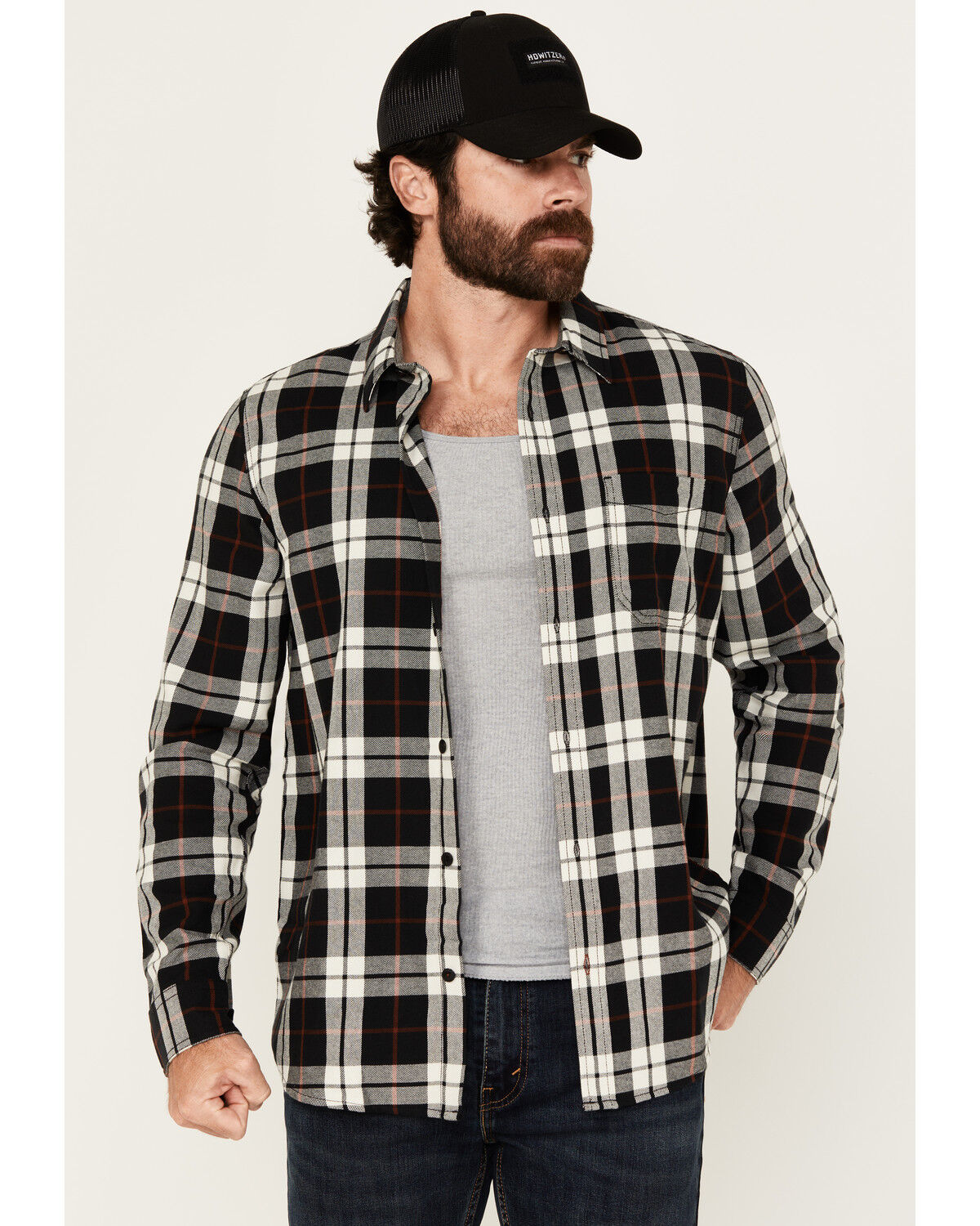 Image #1 - Brothers and Sons Men's Newton Plaid Print Long Sleeve Button-Down Western Shirt, Black, hi-res