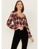 Wild Moss Women's Plaid Print Ruffle Tie Front Crop Top, Brown, hi-res
