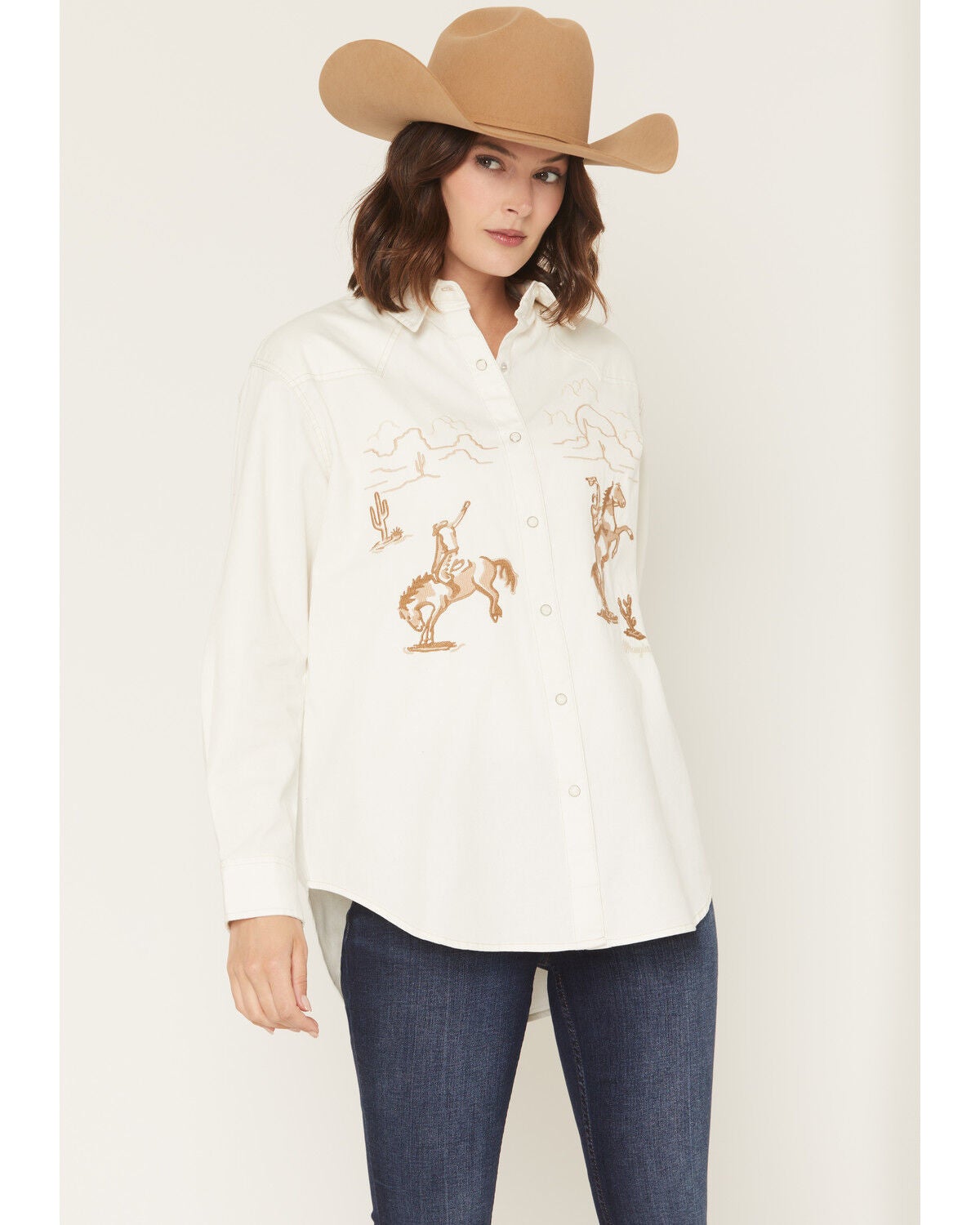 Wrangler Retro Women's Horse Embroidered Long Sleeve Snap Denim Western Shirt, Cream, hi-res
