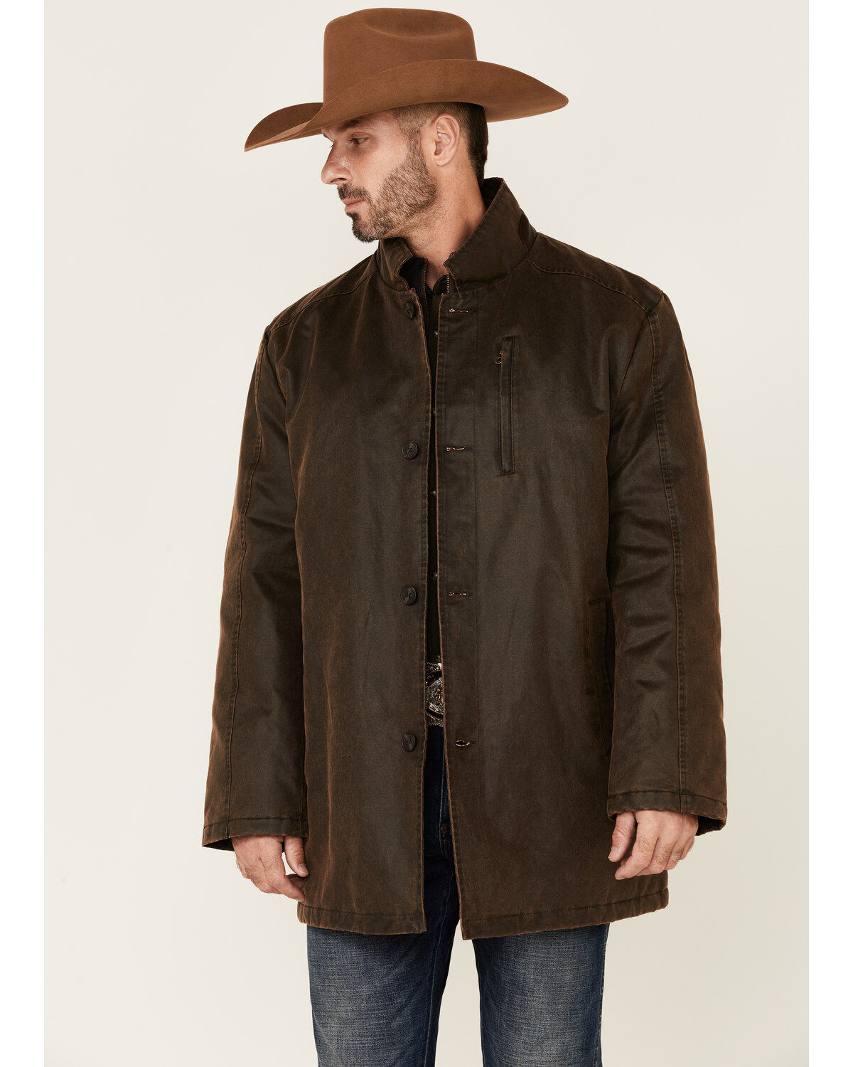 Image #1 - Cripple Creek Men's Enzyme Washed Storm-Flap Long Coat, Brown, hi-res