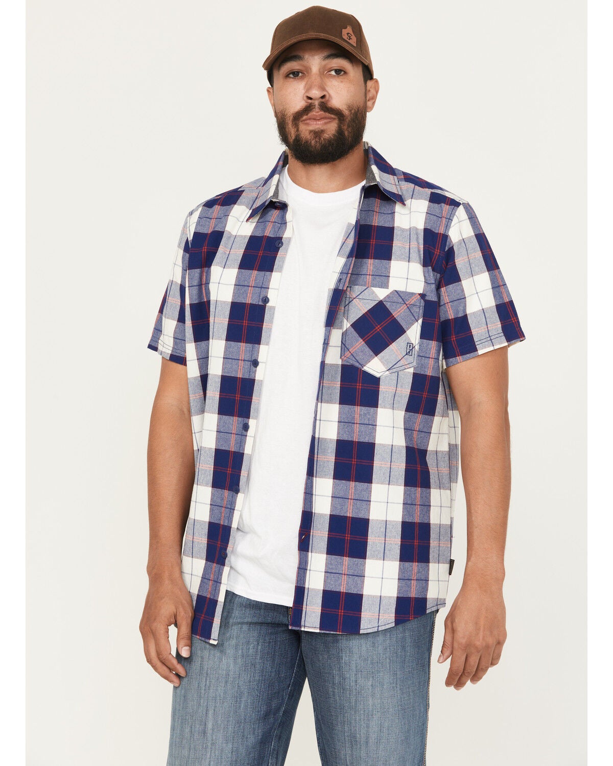 Brothers And Sons Calaveras Plaid Print Short Sleeve Button-Down Western Shirt, Indigo, hi-res