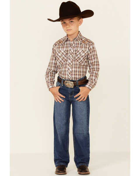 Image #2 - Roper Boys' Plaid Long Sleeve Pearl Snap Western Shirt , Brown, hi-res