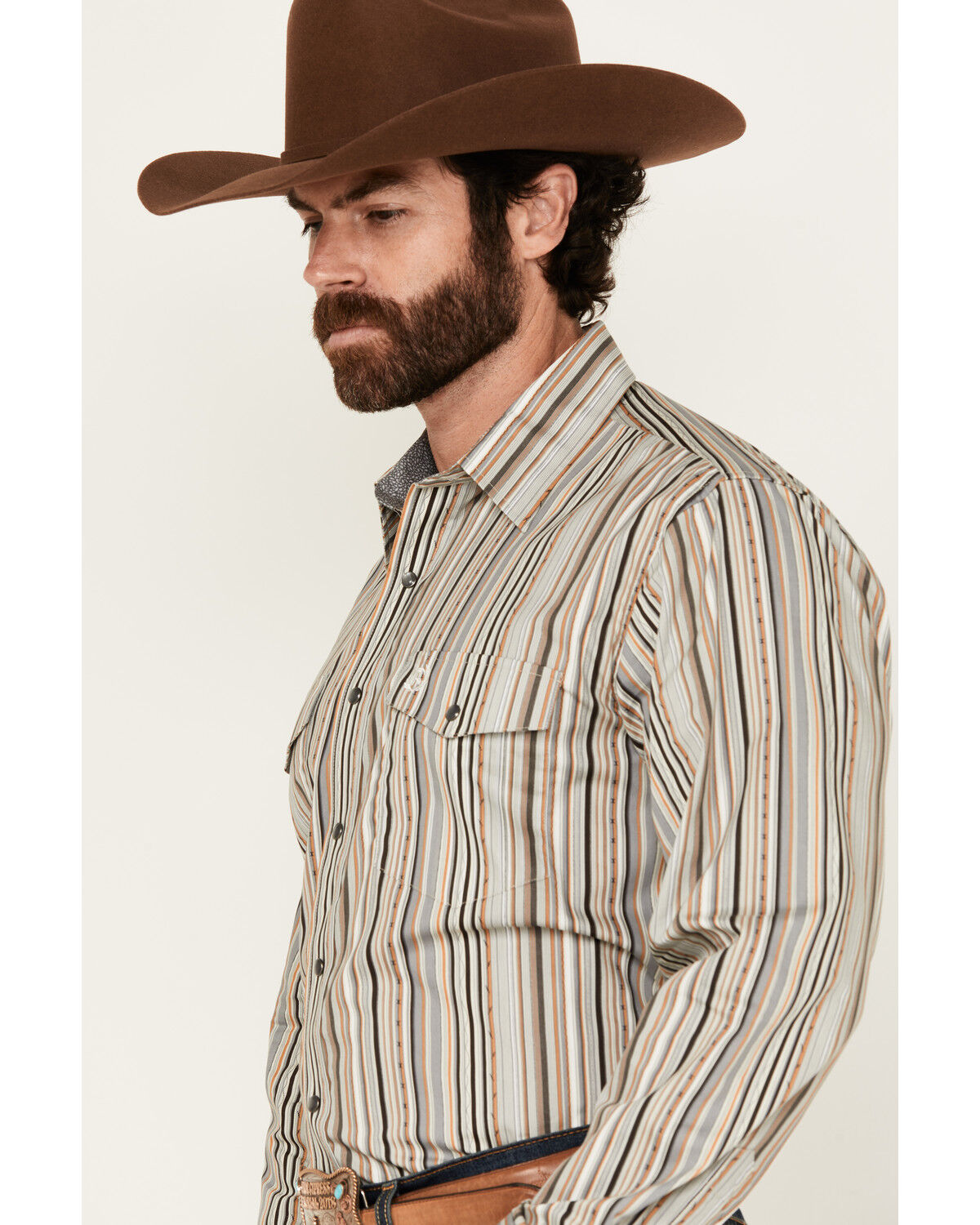 Image #2 - Panhandle Select Men's Striped Long Sleeve Pearl Snap Western Shirt, Sand, hi-res