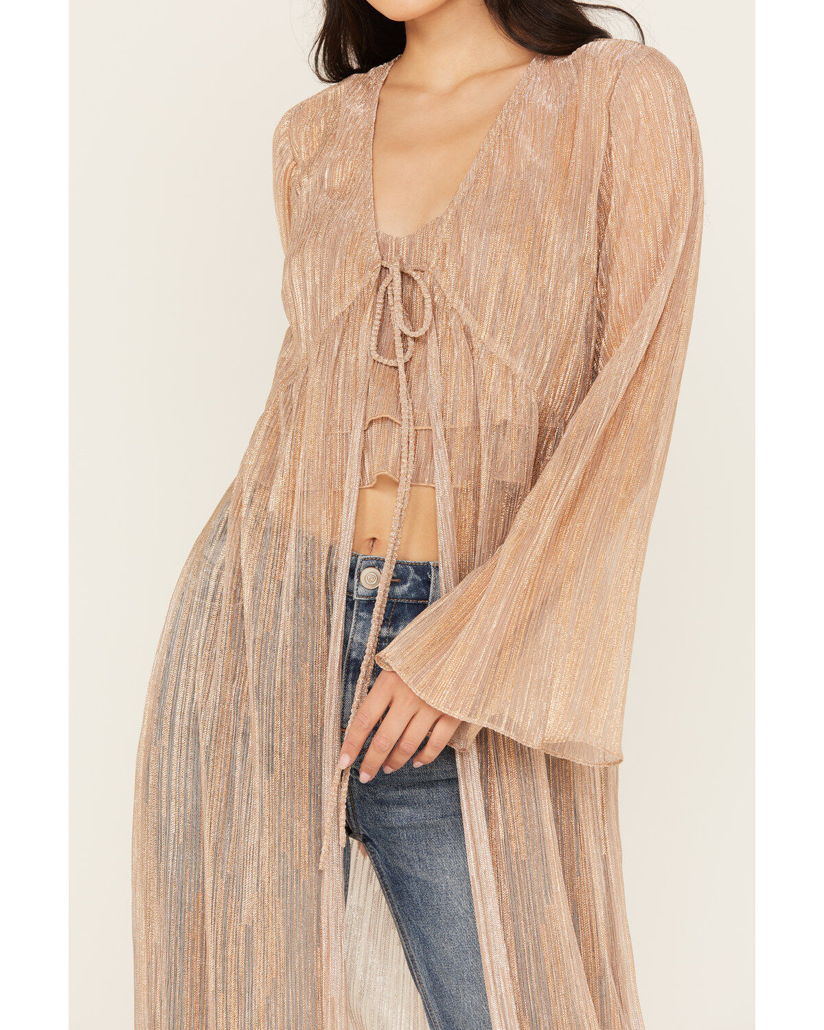 Image #3 - En Creme Women's Metallic Long Sleeve Duster Kimono, Rose, hi-res