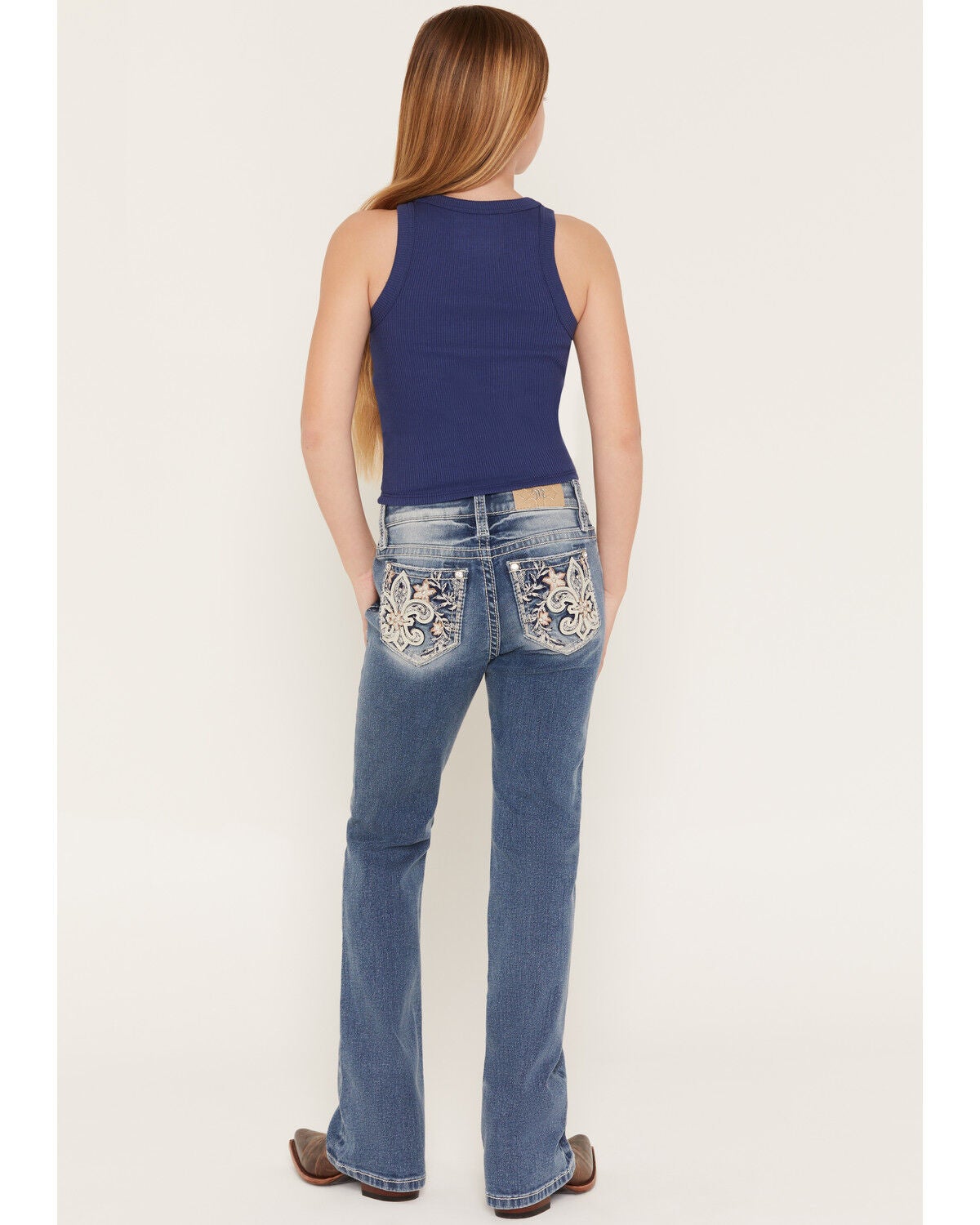 Image #1 - Miss Me Girls' Medium Wash Floral Fleur de Lis Bootcut Stretch Denim Jeans, Medium Wash, hi-res