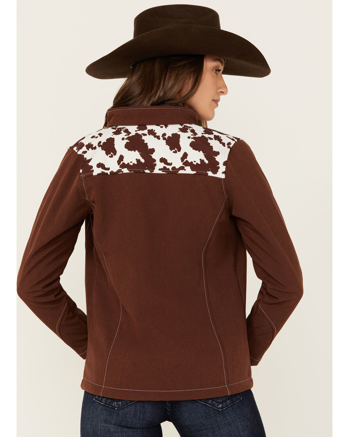 Image #4 - Cowgirl Hardware Women's Cow Print Yoke Softshell Jacket, Brown, hi-res