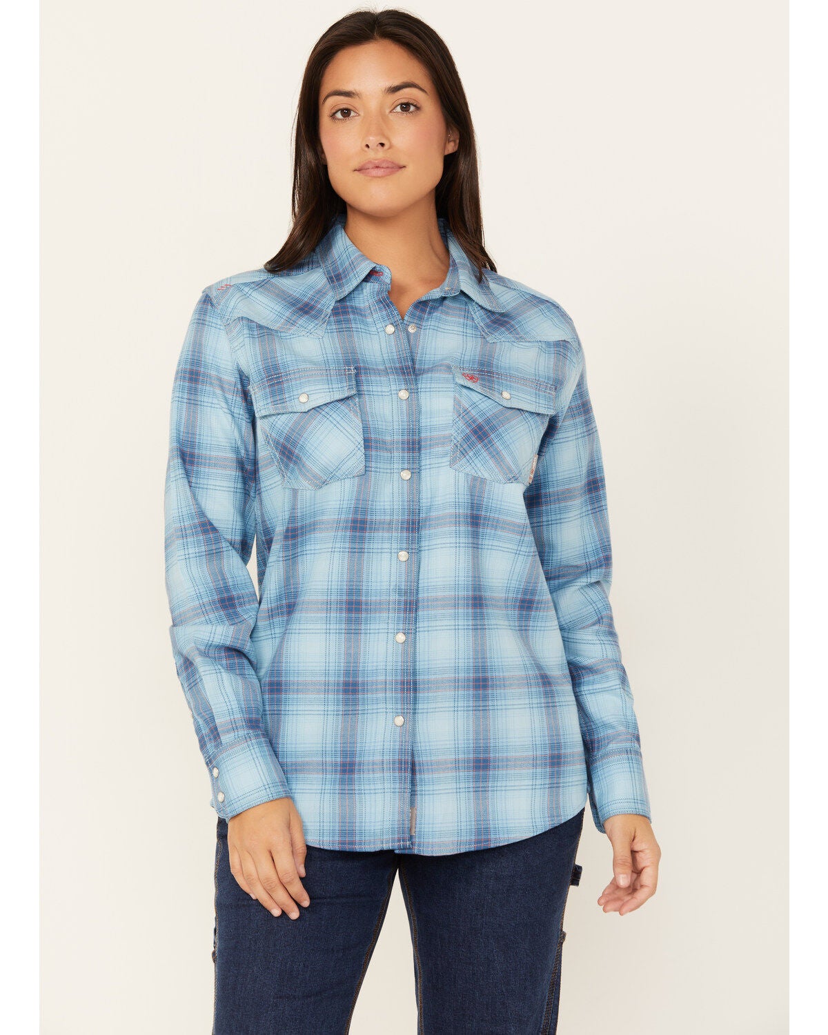 Ariat Women's FR Bonita Long Sleeve Snap Work Shirt, Blue, hi-res