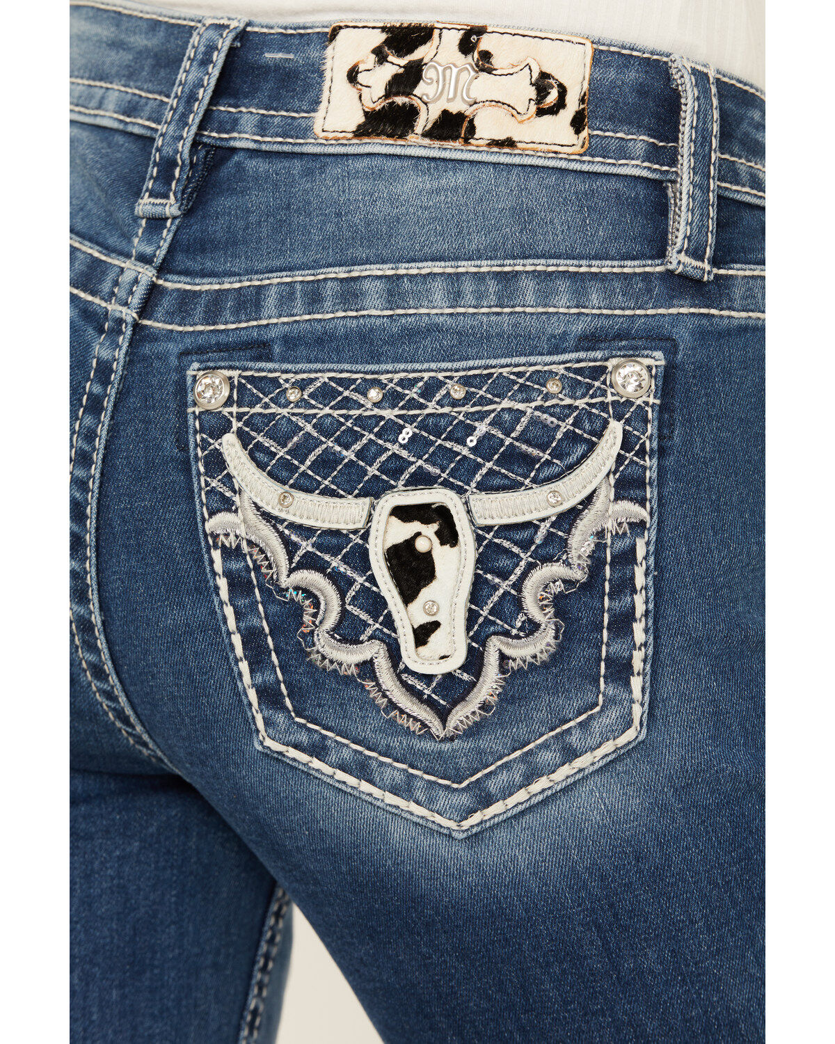Image #2 - Miss Me Women's Dark Wash Mid Rise Faux Cowhide Longhorn Bootcut Stretch Denim Jeans, , hi-res