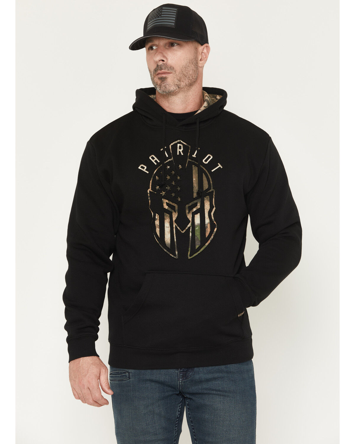 Image #1 - Buckwear Men's Camo Spartan Patriot Hooded Sweatshirt - Big, Black, hi-res