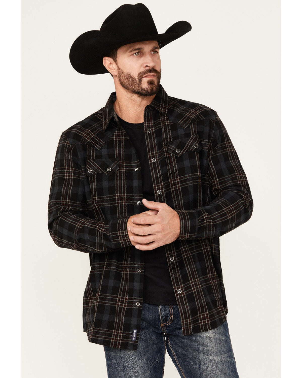 Moonshine Spirit Men's Giggin Plaid Print Long Sleeve Snap Western Shirt, Black, hi-res