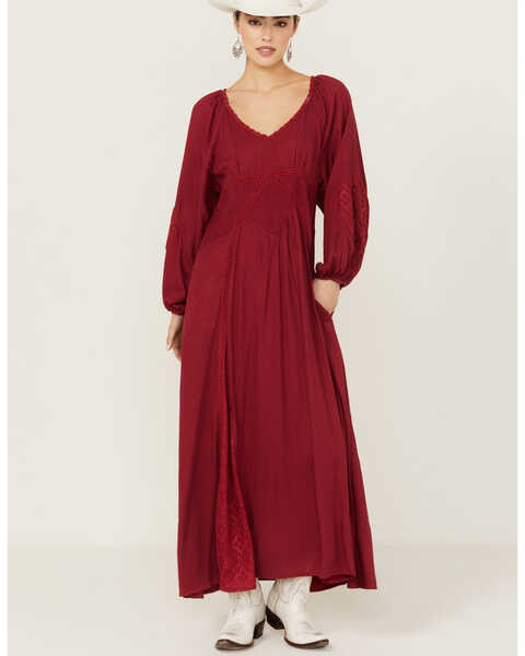 Gunit Solid Lace Women's Long Sleeve Maxi Dress , Wine, hi-res