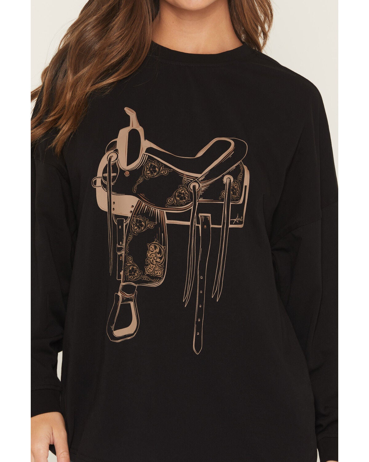 Image #3 - Ariat Women's Saddle Long Sleeve Oversized Graphic Tee, Black, hi-res