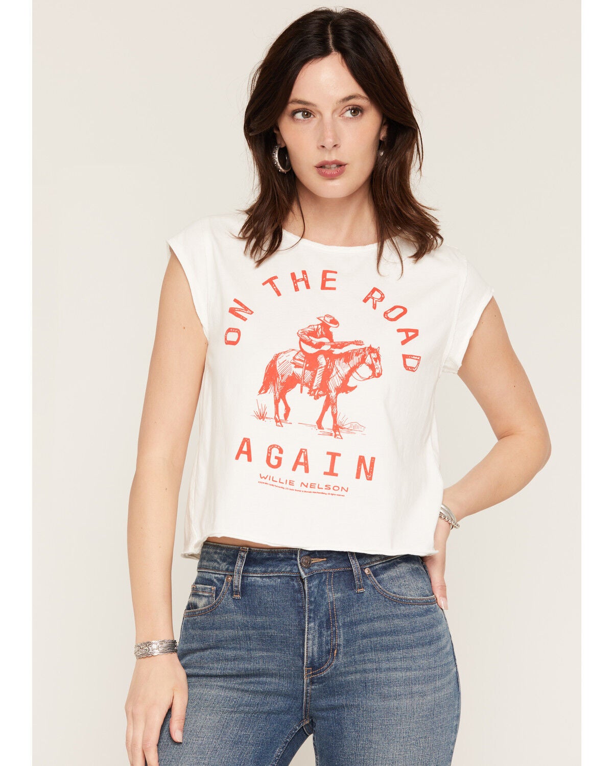 People of Leisure Women's Willie Nelson On The Road Again Short Sleeve Graphic Baby Tee, Cream, hi-res