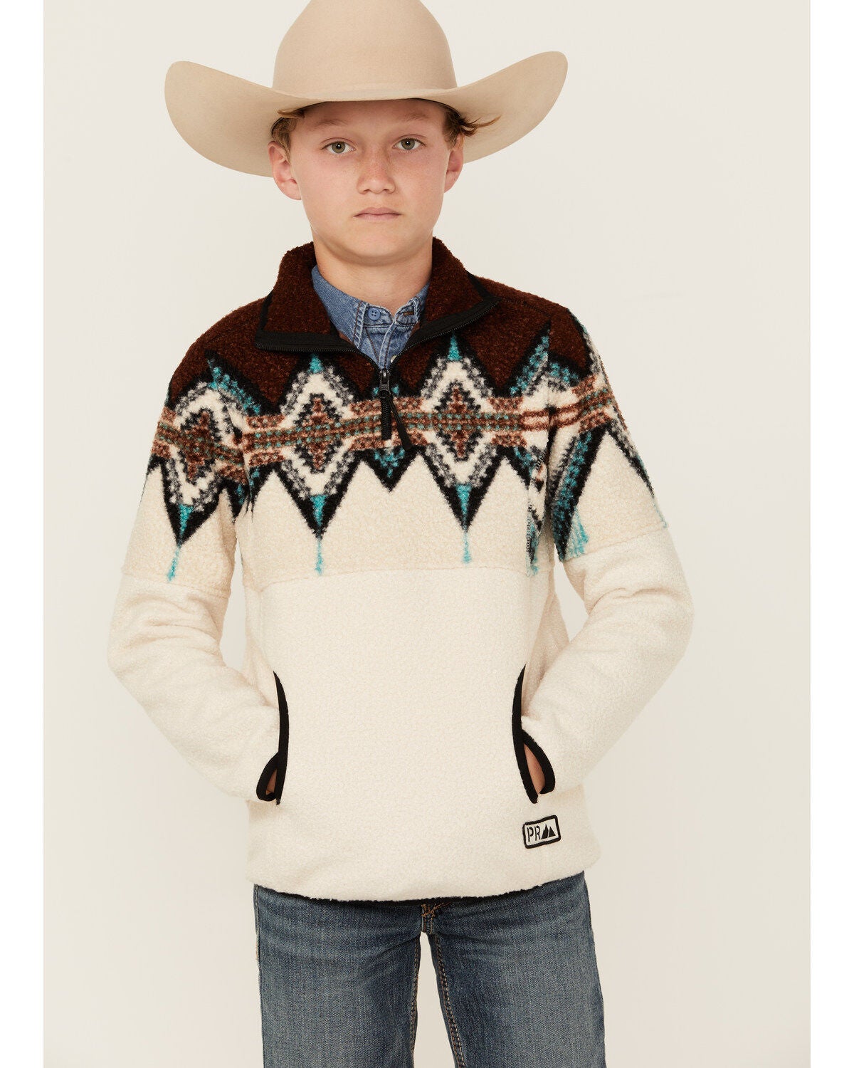 Powder River Outfitters Boys' Southwestern Print Sherpa Pullover, Brown, hi-res