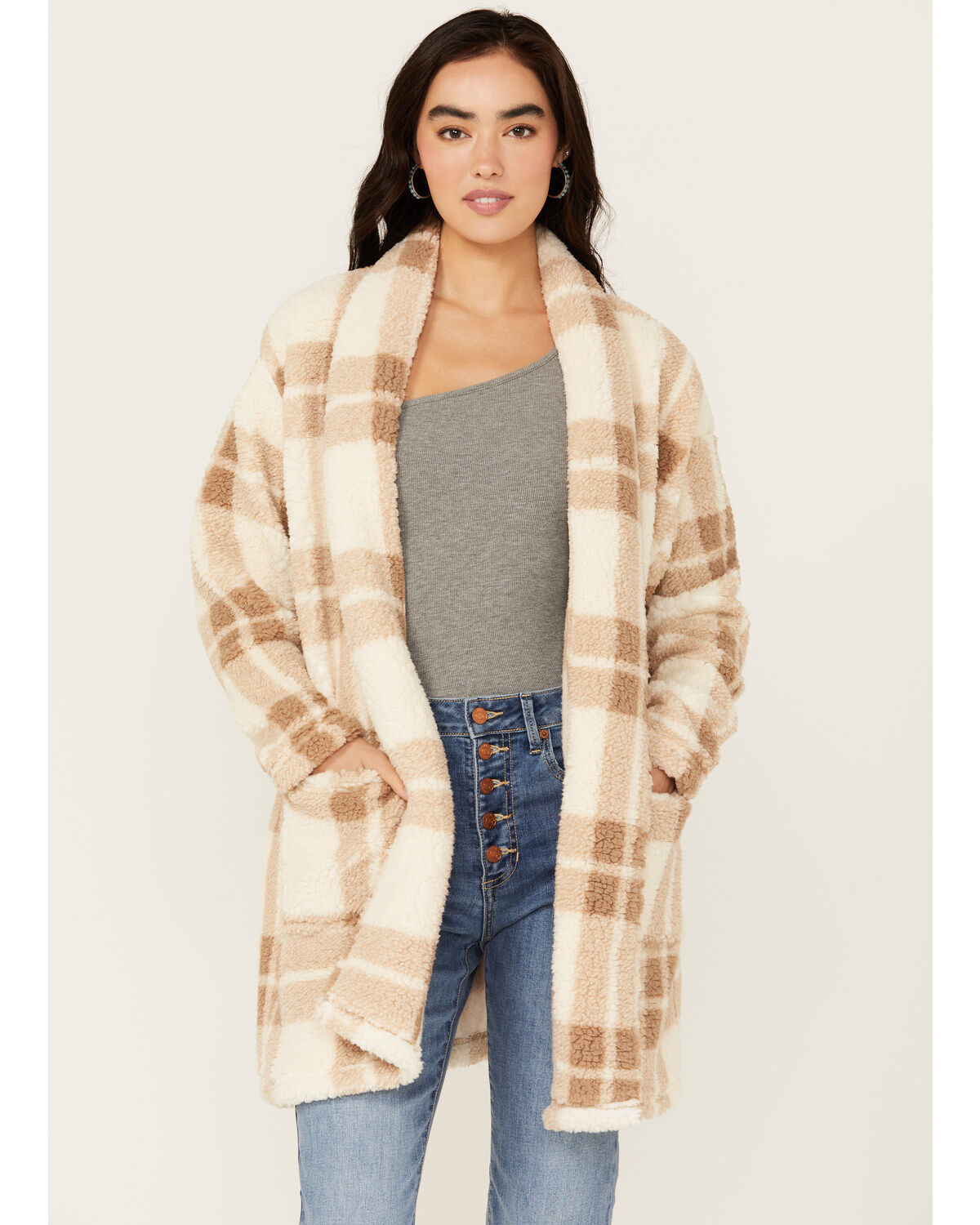 Image #1 - Stillwater Supply Women's Large Plaid Print Fleece Cardigan, Tan, hi-res