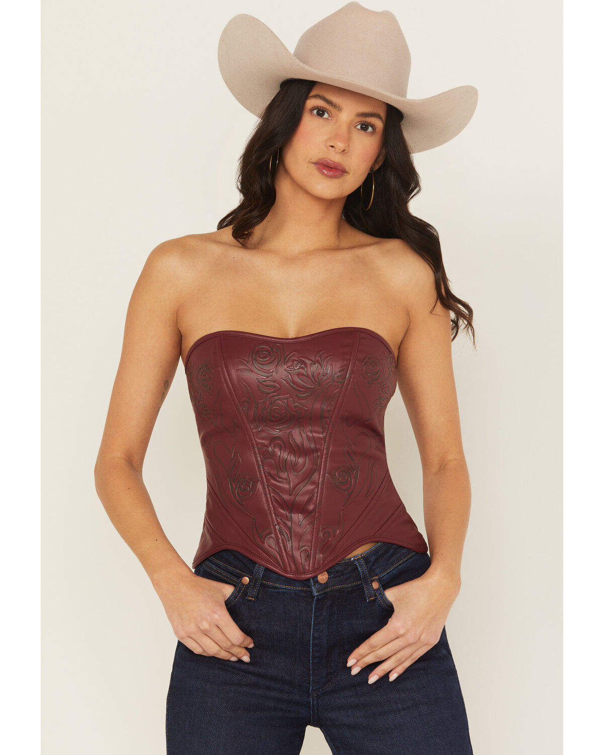 Fornia Women's Boot Barn Exclusive Rose Embossed Faux Leather Bustier, Red, hi-res