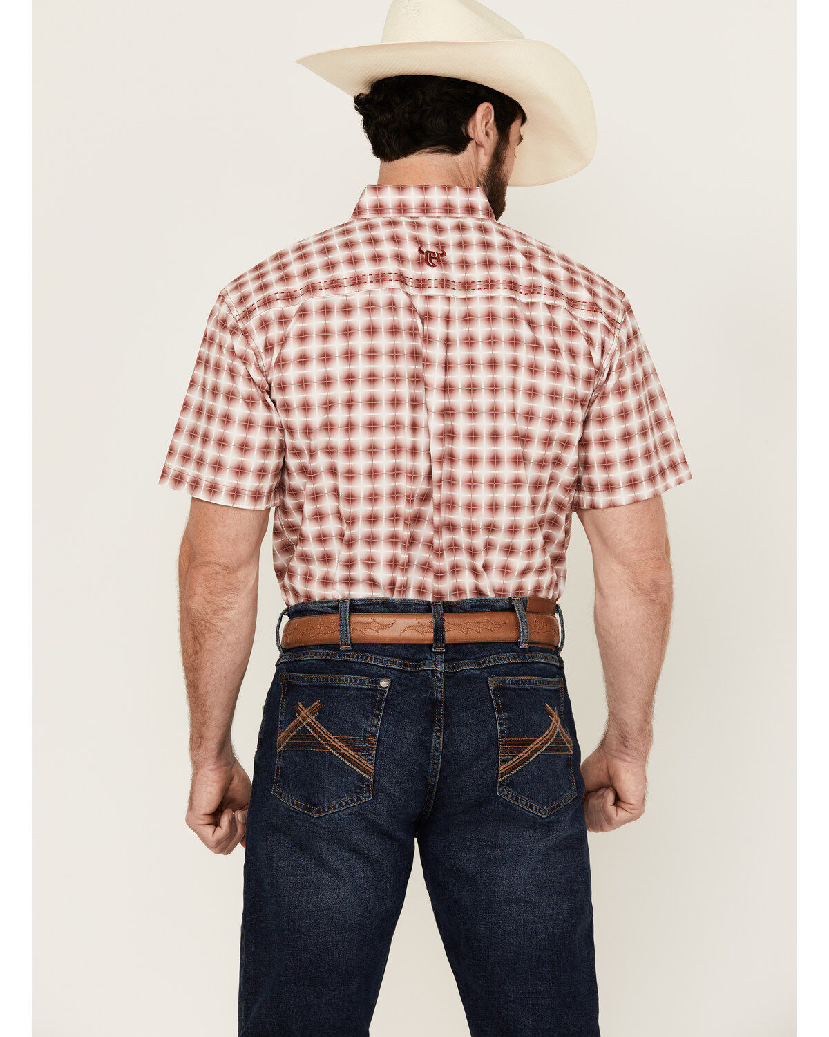 Image #4 - Cowboy Hardware Men's Boot Barn Exclusive Cube Plaid Print Short Sleeve Button-Down Western Shirt, Burgundy, hi-res