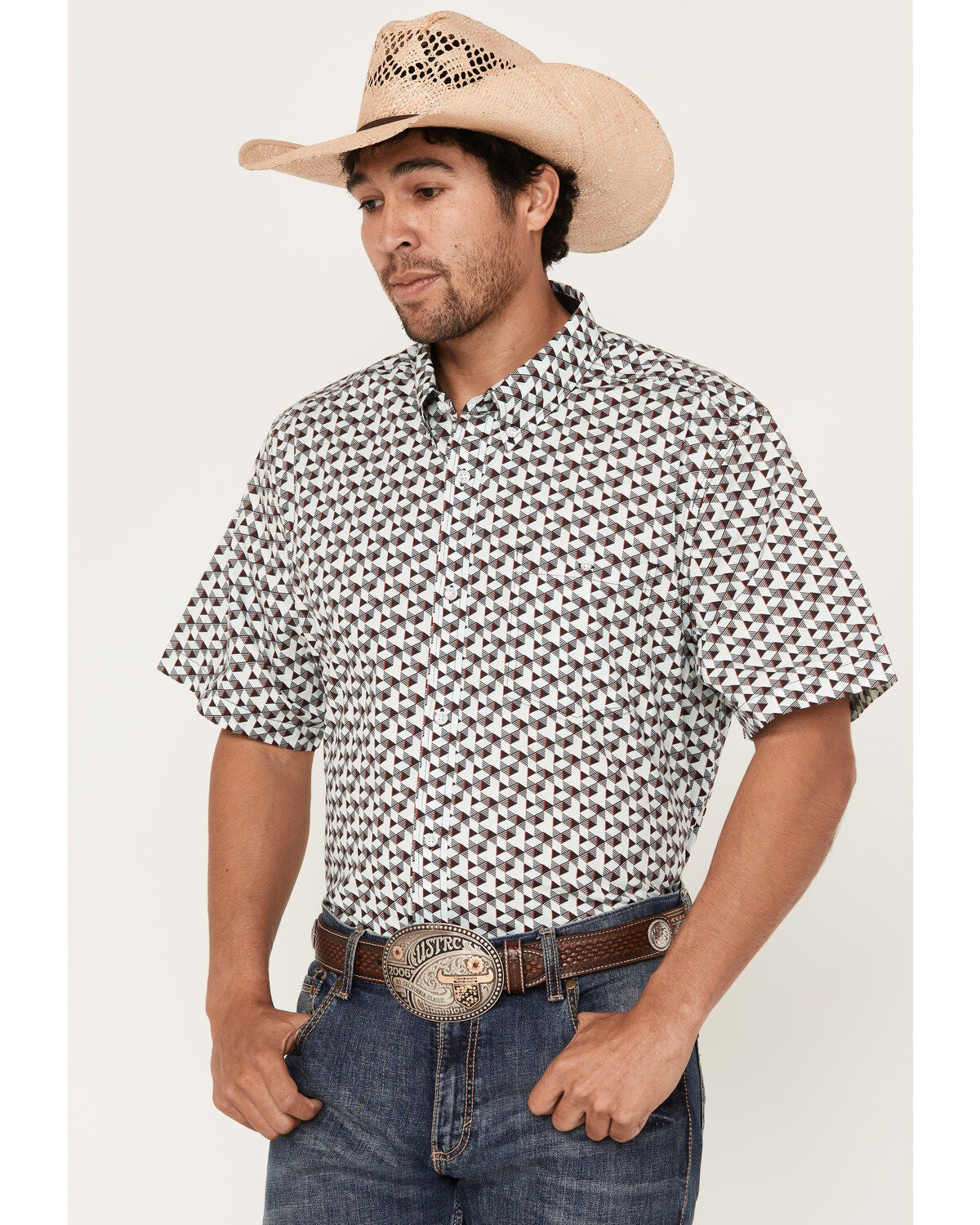 RANK 45&reg; Men's Angus Geo Print Short Sleeve Button-Down Stretch Western Shirt, Aqua, hi-res