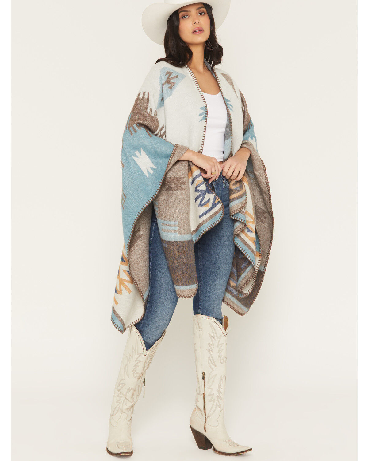 Shyanne Women's Southwestern Print Blanket Shawl, Turquoise, hi-res