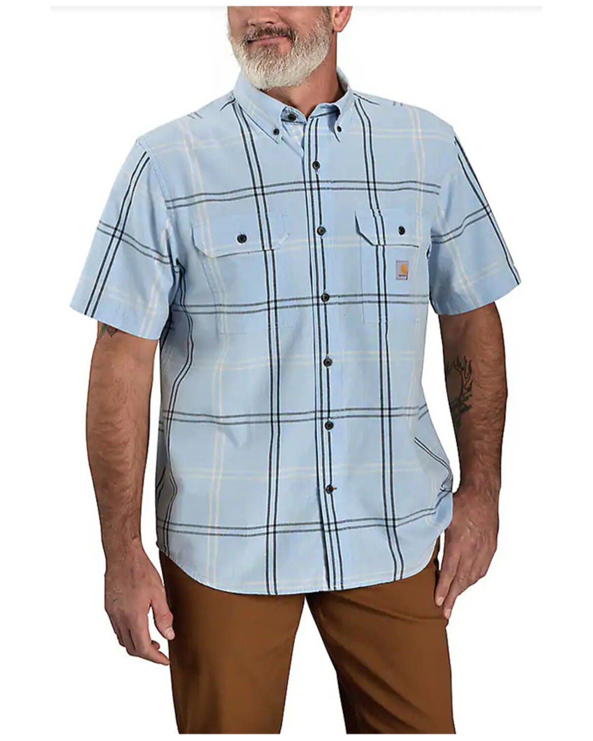 Carhartt Men's Loose Fit Midweight Plaid Print Short Sleeve Button-Down Shirt, Light Blue, hi-res