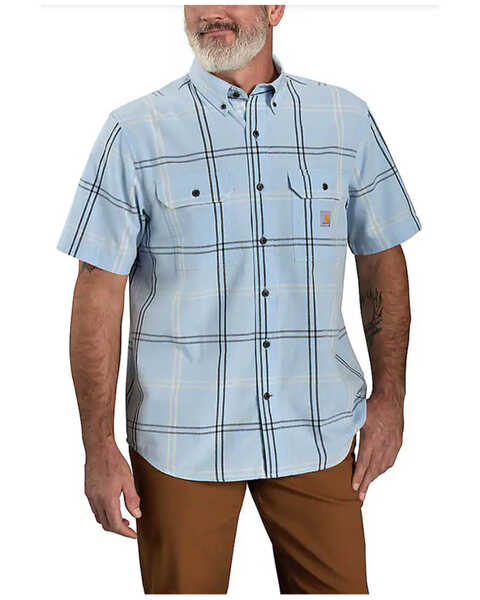 Carhartt Men's Loose Fit Midweight Plaid Print Short Sleeve Button-Down Shirt , Light Blue, hi-res
