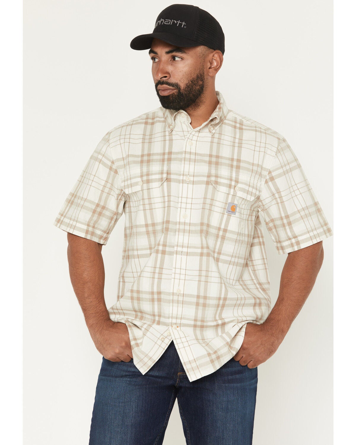 Carhartt Men's Fort Loose Fit Short Sleeve Button-Down Work Shirt, Off White, hi-res