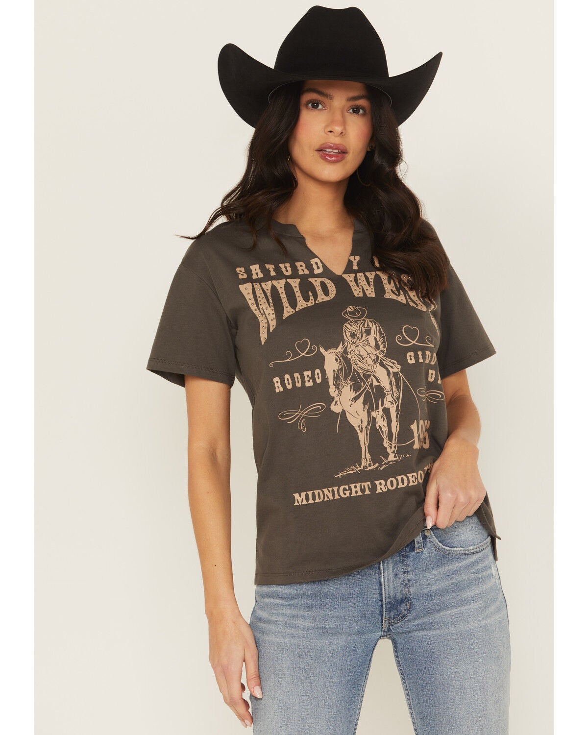 Blended Women's Wild West Studded Short Sleeve Graphic Tee, Grey, hi-res