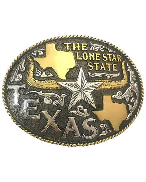 AndWest Men's Antique Gold & Silver The Long Star State Texas Belt Buckle, Silver, hi-res