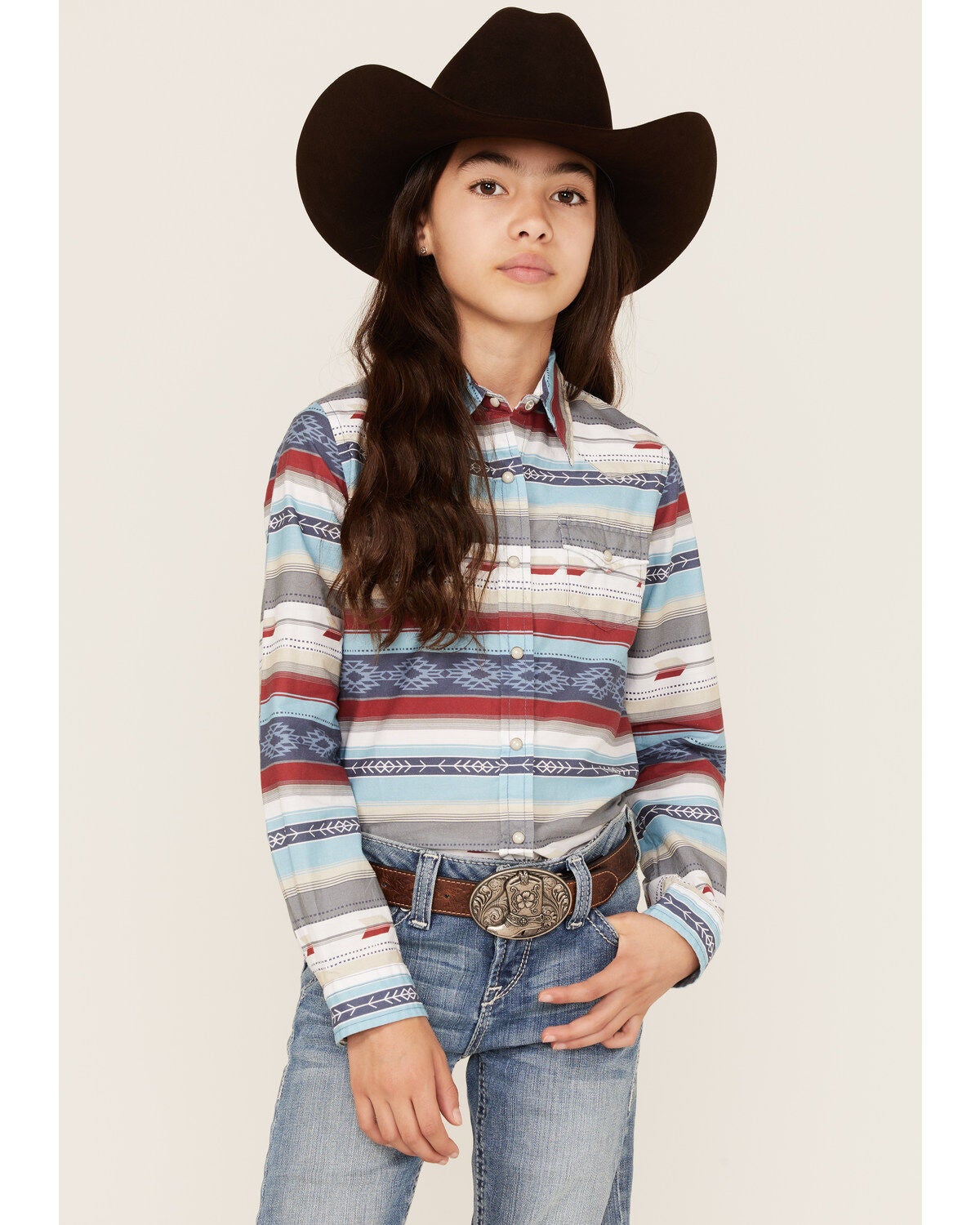 Image #1 - Roper Girls' West Made Southwestern Stripe Print Long Sleeve Western Snap Shirt, , hi-res